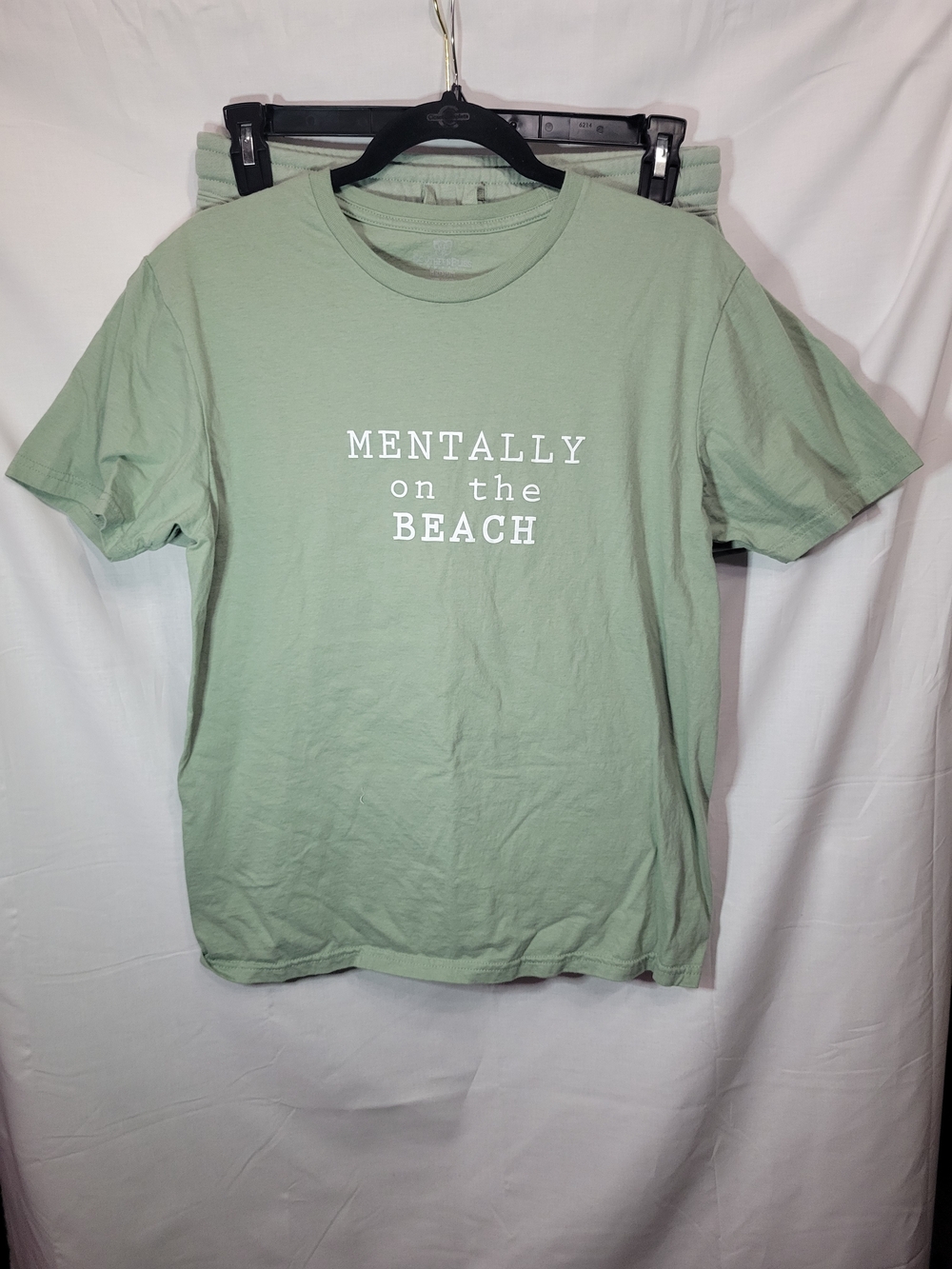 Graphic 'Mentally on the Beach' Crewneck Tee & Shorts Set- Sage Green